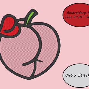 May include: Embroidery file of a pink peach with a red leaf, 8495 stitches, fits a 4" x 4" hoop.