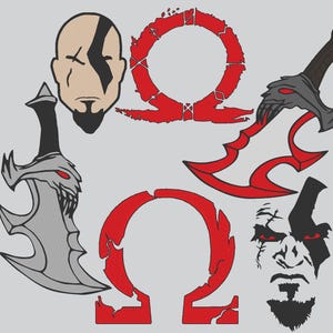 May include: A digital illustration of a character from the video game God of War. The character is depicted with a red and black sword, a red and black helmet, and a red and black symbol. The symbol is a stylized omega.