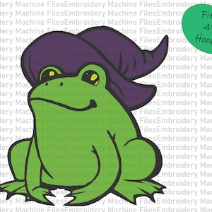 Könnte beinhalten: Grüner Frosch mit einem lila Hexenhut. Der Frosch sitzt mit gekreuzten Beinen. Der Bildtext lautet "Fits 4" Hoop!"