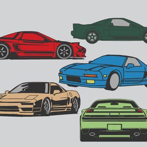 Può includere: Illustrazione di cinque auto sportive in rosso, verde, blu, beige e verde. Le auto sono raffigurate di lato e da dietro, con ruote nere e uno sfondo grigio. Le auto hanno un design elegante e aerodinamico.