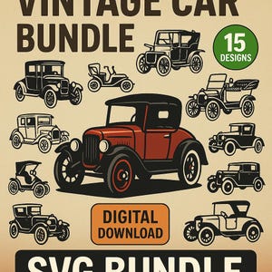 May include: A digital download graphic featuring 15 vintage car designs in black and red. The image includes various classic car illustrations, with the words "Vintage Car Bundle" and "Digital Download" displayed.