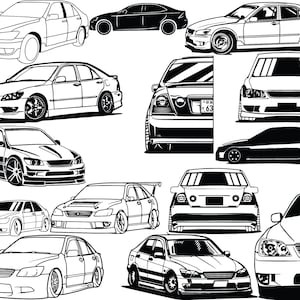Puede incluir: Una colección de dibujos en blanco y negro de varios modelos de coches. Los coches están todos de frente y están dibujados de una manera simple y estilizada. Los dibujos están todos sobre un fondo blanco.