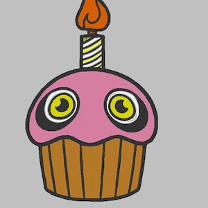 May include: A pink cupcake with yellow eyes and a white and yellow striped candle with an orange flame on top.