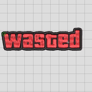 Op de afbeelding: Een rood geborduurd patch met het woord "Wasted" in zwarte omrande letters.