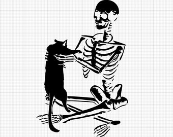 May include: A black and white illustration of a skeleton holding a black cat. The skeleton is sitting with its legs crossed and the cat is sitting on its lap. The skeleton has a skull head and is wearing a black shirt.