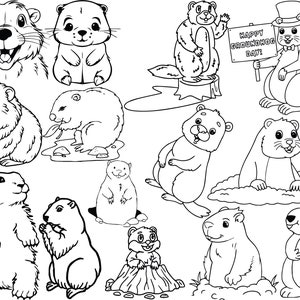 May include: Black and white line art illustration of various groundhogs in different poses. The illustration includes a groundhog peeking out of a hole, a groundhog standing on its hind legs, a groundhog holding a sign that says "Happy Groundhog Day!" and a groundhog wearing a top hat.