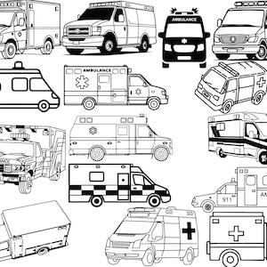 May include: Black and white line art illustrations of various ambulance vehicles. The illustrations include different styles of ambulances, some with a cross on the side, some with the word "AMBULANCE" written on the side, and some with a number on the side.