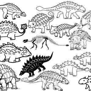 May include: Black and white line art illustration of various dinosaurs. The dinosaurs are drawn in a cartoon style and include a variety of species, such as Ankylosaurus, Stegosaurus, and Triceratops.