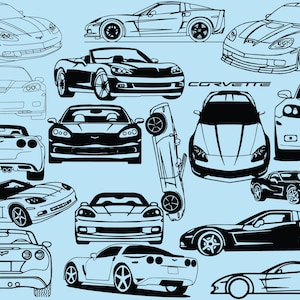 Peut inclure: Plusieurs illustrations de voitures Corvette en noir et blanc sur fond bleu clair. L'image présente divers angles et styles de la voiture, y compris des vues avant, latérales et arrière, ainsi qu'un modèle décapotable. Le mot "CORVETTE" est également présent.