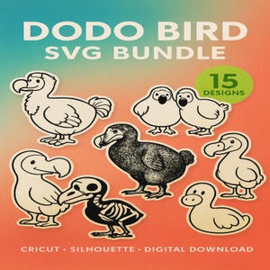 Puede incluir: Un paquete SVG digital con diseños de dodos. La imagen muestra una colección de ilustraciones de dodos en varios estilos, incluyendo contornos y una representación detallada en escala de grises. El texto incluye "DODO BIRD SVG BUNDLE" y "15 DESIGNS".