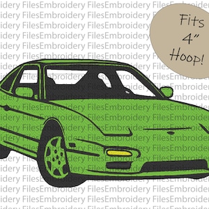 May include: Green car embroidery design, suitable for a 4-inch embroidery hoop. The design features a front view of a car with a black interior.