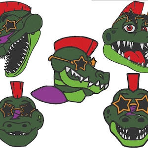 Peut inclure: Cinq têtes de crocodiles de dessin animé vertes avec des crêtes rouges et des lunettes de soleil en forme d'étoile. Les crocodiles sourient tous la bouche ouverte, montrant leurs dents.