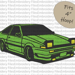May include: Green cartoon illustration of a car, a Toyota AE86, with black outlines. The car is facing the right side of the image. The text "Fits 4" Hoop!" is in a brown circle above the car.