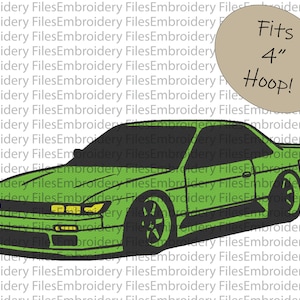 May include: Green embroidered design of a car, with the text "Fits 4" Hoop!" in a brown oval.