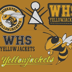 Puede incluir: Una colección de logotipos y gráficos de Yellowjackets amarillos y negros sobre un fondo color mostaza. Los logotipos incluyen una abeja de dibujos animados, las palabras "WHS Yellowjackets" y "Wiskayok Yellowjackets".