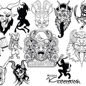 May include: Black and white illustration of various Krampus figures, including a goat-like creature with horns, a horned demon with a long tongue, and a figure with a long beard and horns. The illustration includes the text "Merry Krampus" and "Krampus".
