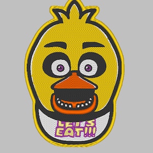 May include: Yellow cartoon chicken head with black eyes and purple pupils. The chicken has a large orange beak and a white bib with the text "Let's Eat!!" in purple.