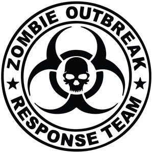 May include: Black and white circular sticker with the text "Zombie Outbreak Response Team" around the edge. A biohazard symbol with a skull in the center.