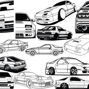 Op de afbeelding: Een zwart-witte lijntekening van een verzameling van tien sportwagens. De auto's zijn allemaal verschillende modellen en hebben een verscheidenheid aan kenmerken, waaronder spoilers, race strepen en grote wielen.