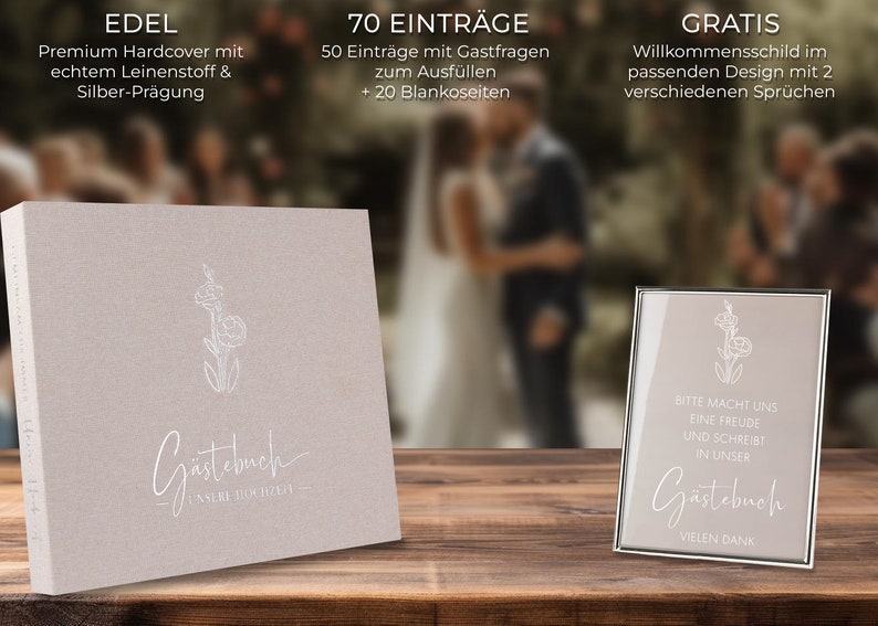 Love Notes® Gästebuch Hochzeit mit Fragen zum Ausfüllen Edle Silber Prägung, 70 Gästeeinträge, 21 x 23 cm, Leinen Hardcover Sandbeige Bild 2