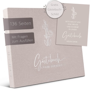 Love Notes® Gästebuch Hochzeit mit Fragen zum Ausfüllen Edle Silber Prägung, 70 Gästeeinträge, 21 x 23 cm, Leinen Hardcover Sandbeige Bild 1