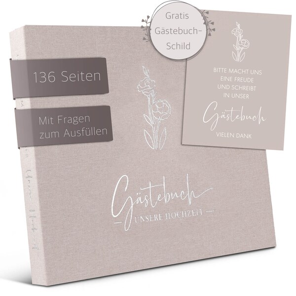 Love Notes® Gästebuch Hochzeit mit Fragen zum Ausfüllen – Edle Silber Prägung, 70 Gästeeinträge, 21 x 23 cm, Leinen Hardcover (Sandbeige)