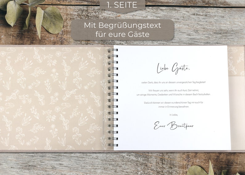 Love Notes® Gästebuch Hochzeit mit Fragen zum Ausfüllen Edle Silber Prägung, 70 Gästeeinträge, 21 x 23 cm, Leinen Hardcover Sandbeige Bild 3