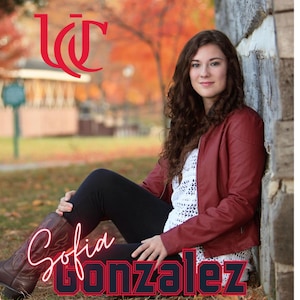 May include: A portrait of a person wearing a burgundy leather jacket, black pants, and brown boots, sitting outdoors. The name "Sofia Gonzalez" is displayed in a cursive font over a dark blue background. The University of Cincinnati logo and name are also visible.
