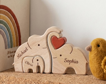 Personalized Elephant Family Wooden Puzzle | Custom Name Wood Animal Figurine | Mother Day Gift | New Mom Keepsake Family Desk Decor