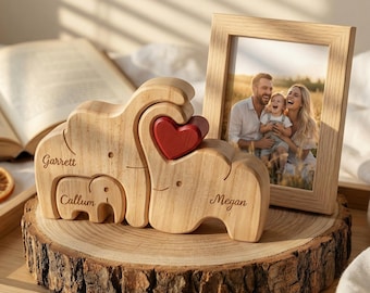 Rompecabezas de madera familiar de elefantes personalizado / Figura de animal de madera con nombre personalizado / Regalo para el Día de la Madre / Recuerdo para nueva mamá, decoración de escritorio familiar