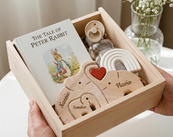Personalized Elephant Puzzle Baby Shower Gift | Custom Name Wood Animal Figurine Baby Gift for Baby boy Baby girl