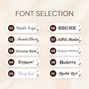 May include: A graphic showcasing a font selection with ten different font styles. Each font is displayed with its name in a white oval against a brown background. The text "FONT SELECTION" is at the top.