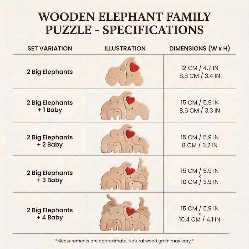 May include: Wooden elephant family puzzle specifications. The image shows different variations of the puzzle, including sets with two big elephants and up to four baby elephants. Each puzzle piece is a light brown color with a red heart. Dimensions range from 4.7 in x 3.4 in to 5.9 in x 4.1 in.