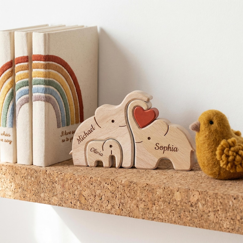 May include: A wooden elephant family puzzle with the names "Michael", "Olivia", and "Sophia" engraved on the elephants. A red heart is on the largest elephant. A felt bird and rainbow books are in the background.