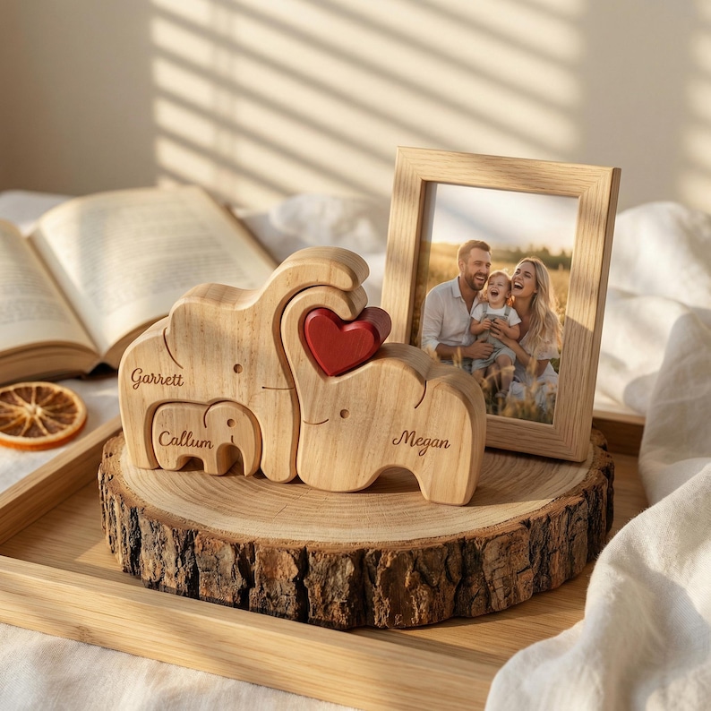 May include: Wooden elephant family sculpture with a red heart, personalized with names. Includes a wooden picture frame with a family photo. The sculpture is displayed on a wooden slice.