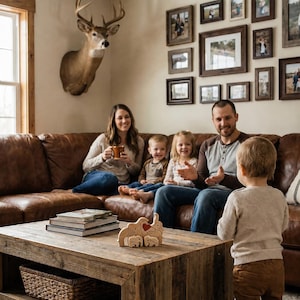 May include: A family sits on a brown leather couch in a living room. A wooden coffee table holds a stack of books and a wooden elephant toy. A deer head is mounted on the wall above the couch. Framed photos decorate the wall.
