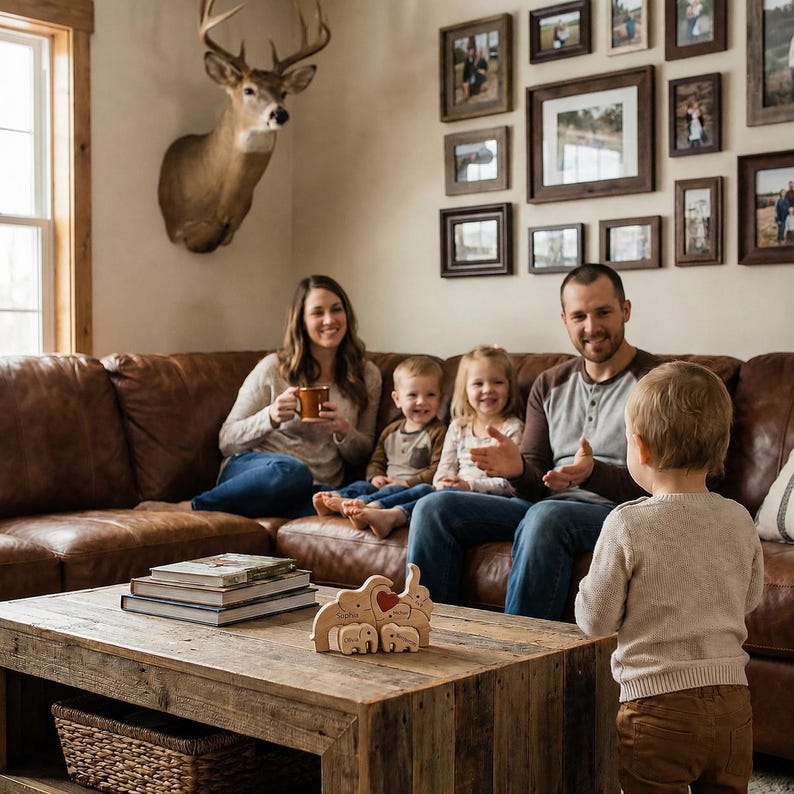 May include: A family sits on a brown leather couch in a living room. A wooden coffee table holds a stack of books and a wooden elephant toy. A deer head is mounted on the wall above the couch. Framed photos decorate the wall.