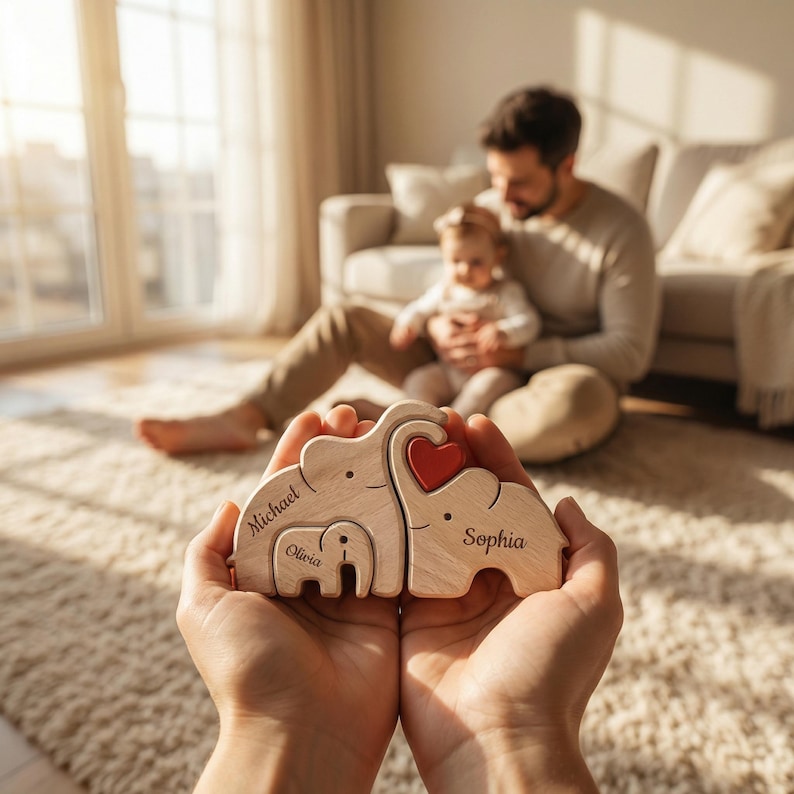 May include: Wooden elephant family puzzle with the names "Michael", "Olivia", and "Sophia" engraved on the pieces. The elephant's heart is red. The puzzle is held in front of a blurred background of a family.