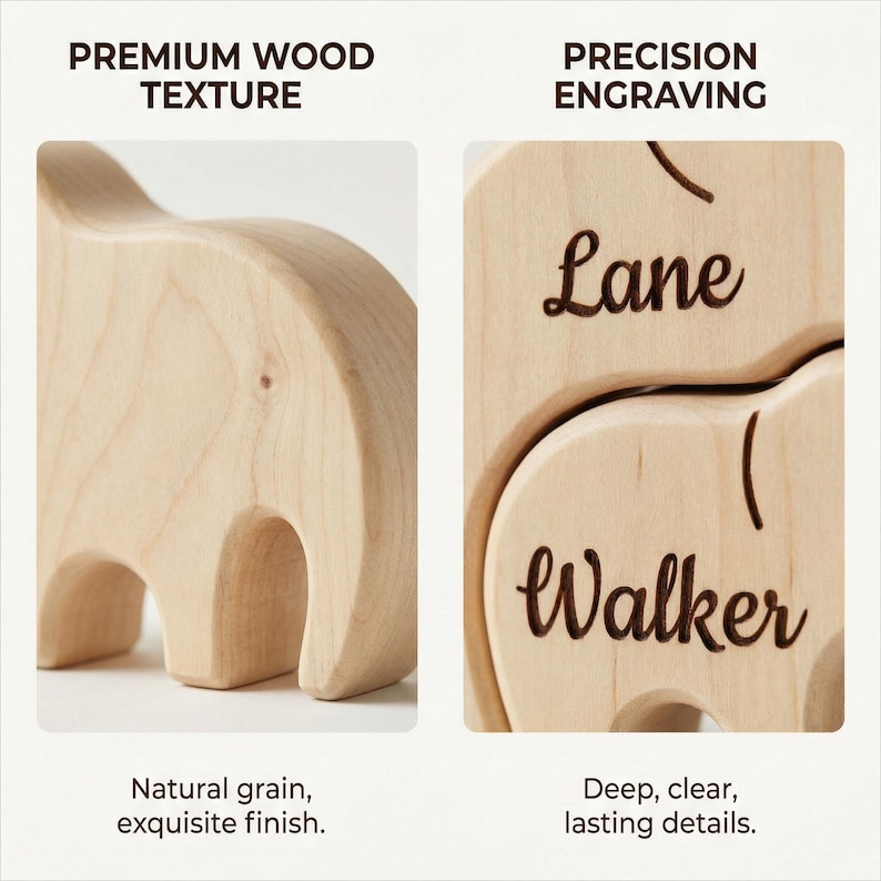 May include: Wooden toy elephant with the name "Lane" and "Walker" engraved. The toy has a natural wood grain and a smooth finish. The image also shows the text "Premium Wood Texture" and "Precision Engraving".