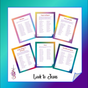 May include: A set of six colorful printable cards with bible verses about various topics, including humility, forgiveness, and the fruits of the spirit. The cards feature a rainbow gradient background and the text "Look to Jesus" at the bottom.