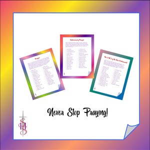 Puede incluir: Tres hojas imprimibles coloridas con listas de versículos bíblicos para la oración, la intercesión y los 3-1-3 del Nuevo Testamento. El texto dice "¡Nunca dejes de orar!"