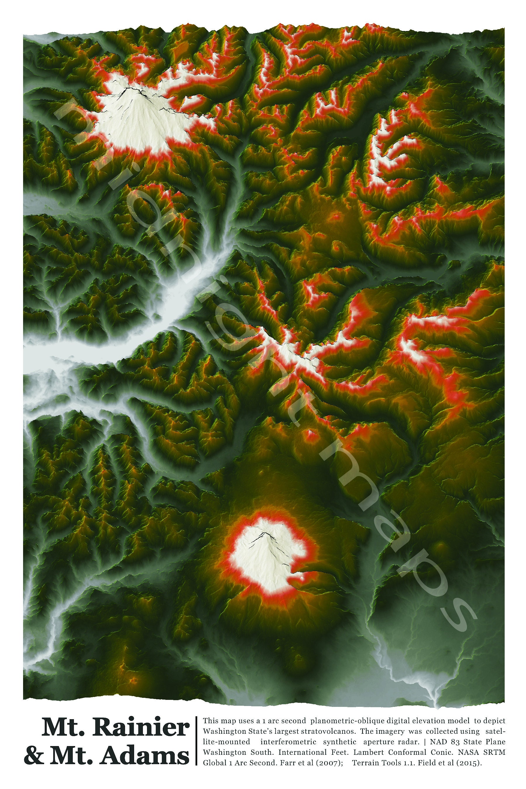 Poster Map of Mt. Rainier and Mt. Adams, Washington State - Etsy