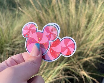 Peppermint Mouse Head Sticker- Red and Pink