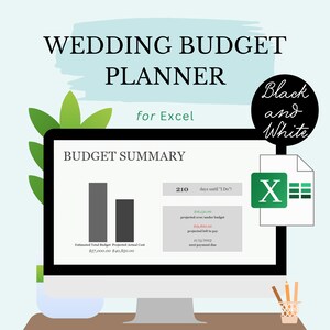 Può includere: Uno schermo di computer che mostra un foglio di calcolo di pianificazione del budget di nozze in Excel. Il foglio di calcolo include un riepilogo del budget, un grafico a barre che mostra il budget totale stimato e il costo effettivo previsto, nonché una sezione per tenere traccia del budget previsto in eccesso/in difetto, del saldo previsto da pagare e della data di scadenza del prossimo pagamento. Il foglio di calcolo è intitolato "Pianificatore di budget di nozze per Excel" ed è etichettato "Nero e bianco".