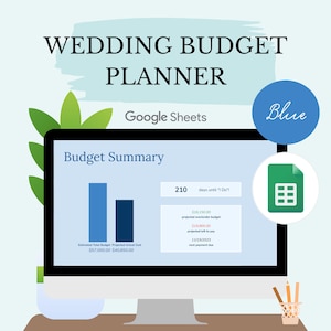 Può includere: Uno schermo di computer che mostra un foglio di calcolo di pianificazione del budget di nozze in Google Sheets. Il foglio di calcolo mostra un budget totale stimato di $ 57.000,00, un costo effettivo previsto di $ 40.850,00 e un budget previsto sopra/sotto di $ 18.150,00. Il foglio di calcolo mostra anche un importo previsto rimanente da pagare di $ 19.800,00 e una data di pagamento successiva del 12/15/2023.