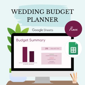 Può includere: Uno schermo di computer che mostra un pianificatore di budget per matrimoni. Lo schermo mostra un riepilogo del budget con dati finanziari, un calendario e il testo "WEDDING BUDGET PLANNER" e "Google Sheets". È visibile un'icona verde di Google Sheets.
