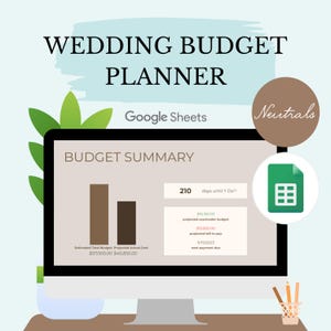 Può includere: Uno schermo di computer che mostra un foglio di calcolo di Google Sheets con un pianificatore di budget per matrimoni. Il foglio di calcolo mostra un grafico a barre con il budget totale stimato e il costo effettivo previsto. Il foglio di calcolo mostra anche il numero di giorni fino al matrimonio, il budget previsto in eccesso/in difetto, l'importo previsto da pagare, la data di scadenza del prossimo pagamento e un'icona verde con un motivo a griglia.