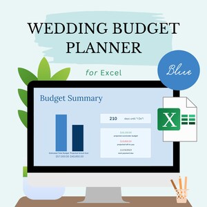 Può includere: Uno schermo di computer che mostra un modello di pianificatore di budget di matrimonio in Excel. Il modello include un riepilogo del budget con il budget totale stimato, il budget previsto e il costo effettivo. Lo schermo mostra anche un conto alla rovescia fino alla data del matrimonio, il budget previsto in eccesso o in difetto e l'importo previsto che resta da pagare. Il testo "Blue" è visibile in un cerchio nella parte superiore destra dell'immagine.