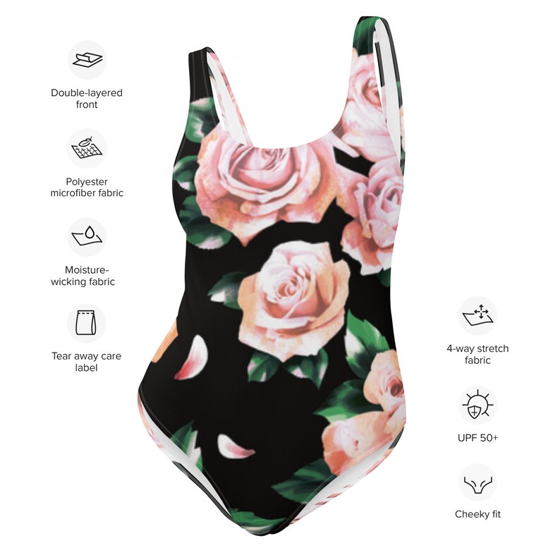 Red and Black Rose Floral One-piece Bathing Suit - Etsy