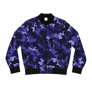 May include: A purple and black camouflage bomber jacket with a white embroidered logo that says "Vlasp 5".
